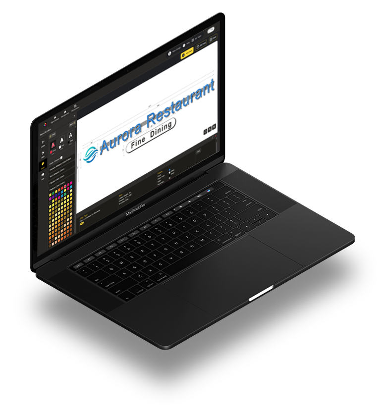 Apple MacBook Pro laptop showing a software interface for design work on its screen.