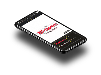 Black smartphone showing a design with the word 'Midtown' in bold red letters on the screen.