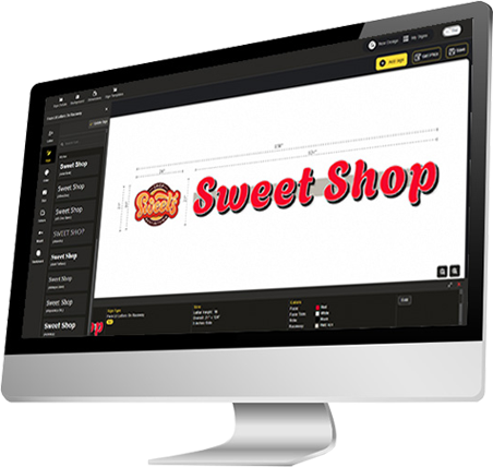 Computer screen displaying a logo design for a Sweet Shop with red text and a graphic.