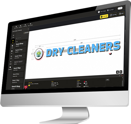 Online Sign Designer - Computer screen displaying a design for a dry cleaners sign with colorful text and graphics.